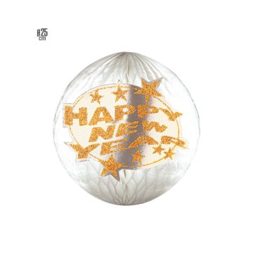 Honeycomb papirkule glitter sølv med gull happy new year 25 cm 