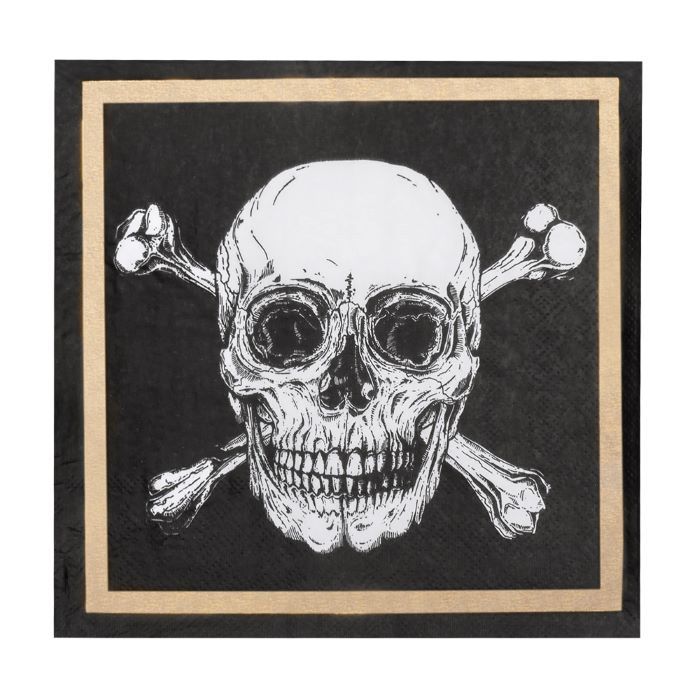 Dødningehovud pirat servietter med gullkant 20x - 33x33 cm