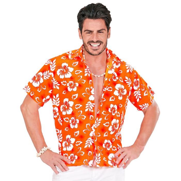Orange hawaii-skjorte med kvite blomar