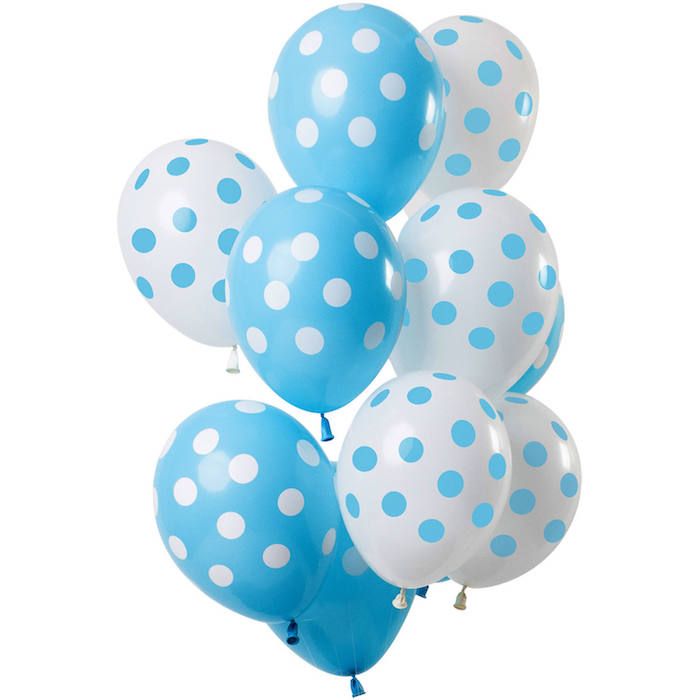 Kvite og blå prikka ballongar 12x - 33 cm