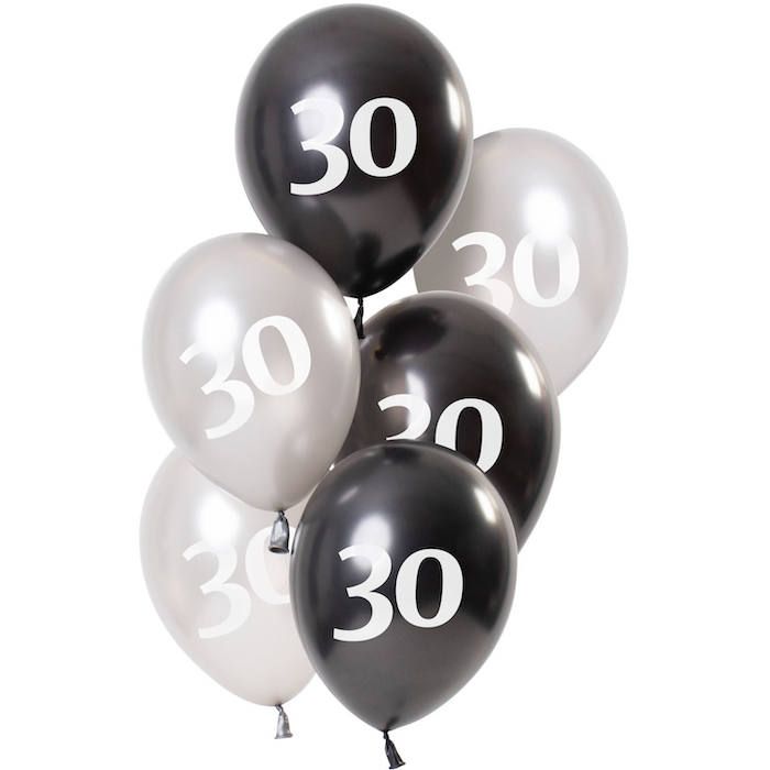 30 års ballonge metallic svart og sølv 6x - 23 cm