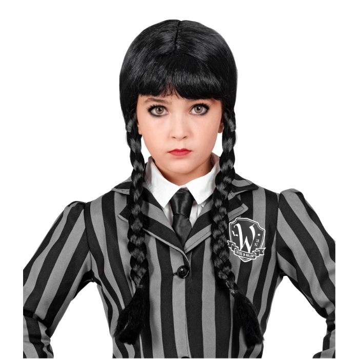 Sorte parykk med flettinger og pannelugg til barn.