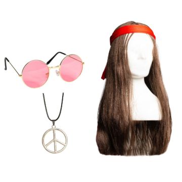 Hippie-sett inkludert briller, parykk med pannebånd og halskjede for menn