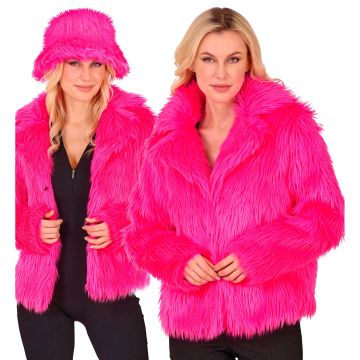 Neon rosa kunstpelsjakke til damer
