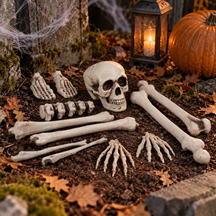 Halloween kranium og knokler skjelett 12 deler - 25 cm