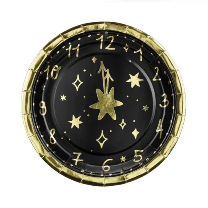 Engangstallerkener nyttår klokka 12 svart 6x - 18cm