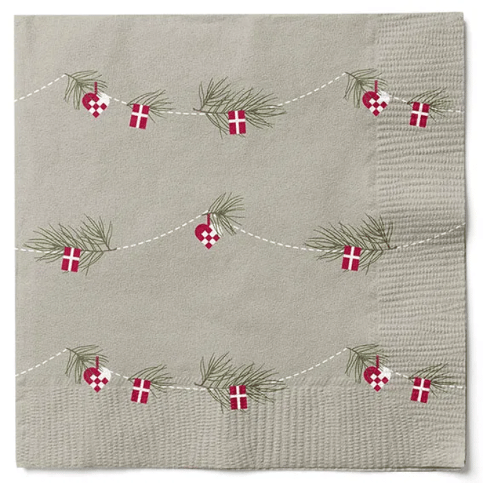 Servietter med julehjerter og dannebrog 20x - 33x33 cm