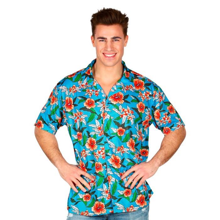 Blå hawaii-skjorte med raude blomster