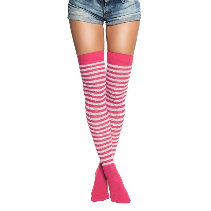 Over-knee strømper one-size neon rosa og kvit