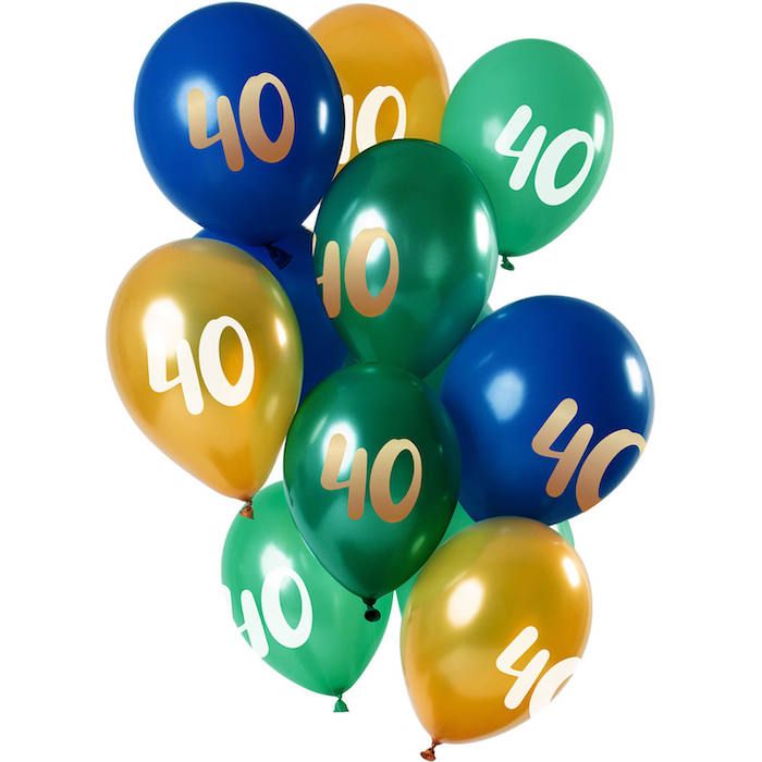 40 Års Ballonger Grønn, Blå og Gull 12x - 33 cm