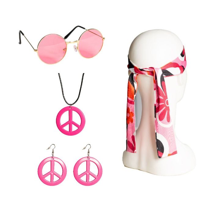Hippie peace pink sett inkl pandebånd, briller, øyringar, halskjede