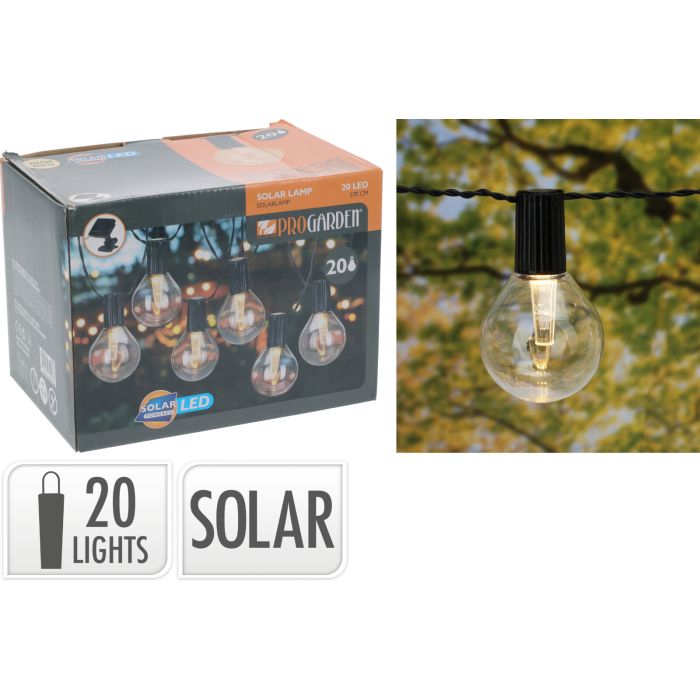 Solcellelyskjede med 20 LED-lys og klare pærer