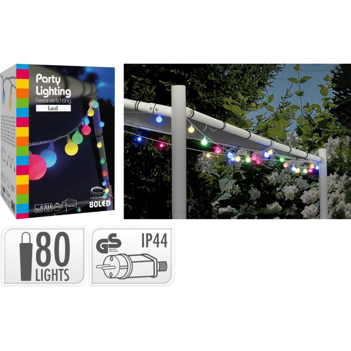 Lyskjede med 80 LED i flere farger og hvite kuler