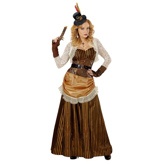 Stripete steampunk kjole i brunt og gull