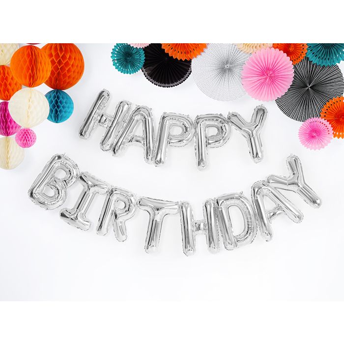 Happy Birthday Folieballong Sølv - 340 x 35 cm