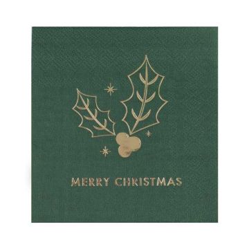 Grønne Merry Christmas Serviettar med Gull 16x