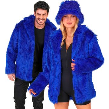 Blå pelskåpe med fyldig disco-trykk