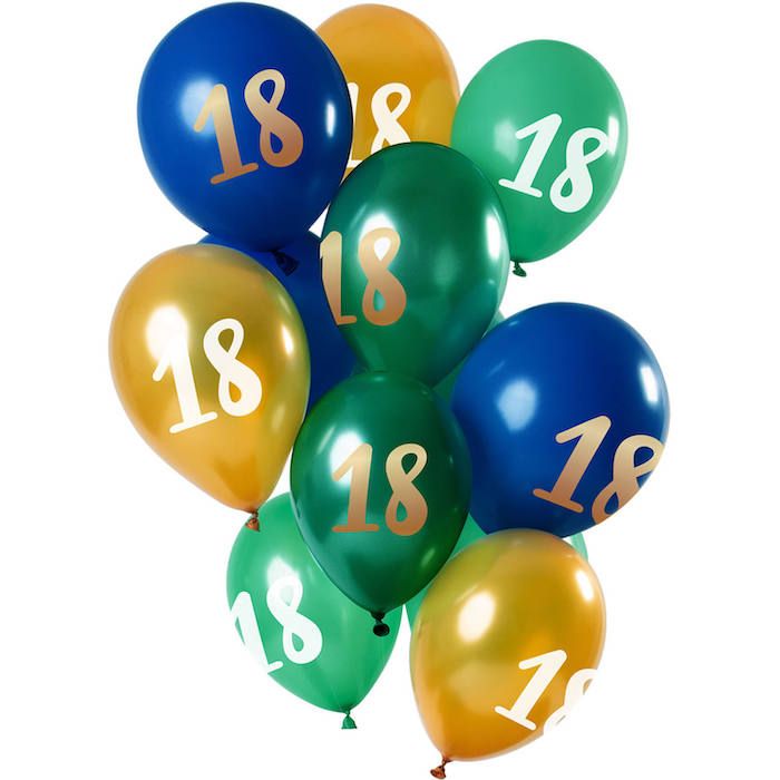 18 Års Ballonger Grønn, Blå Og Gull 12x - 33 cm
