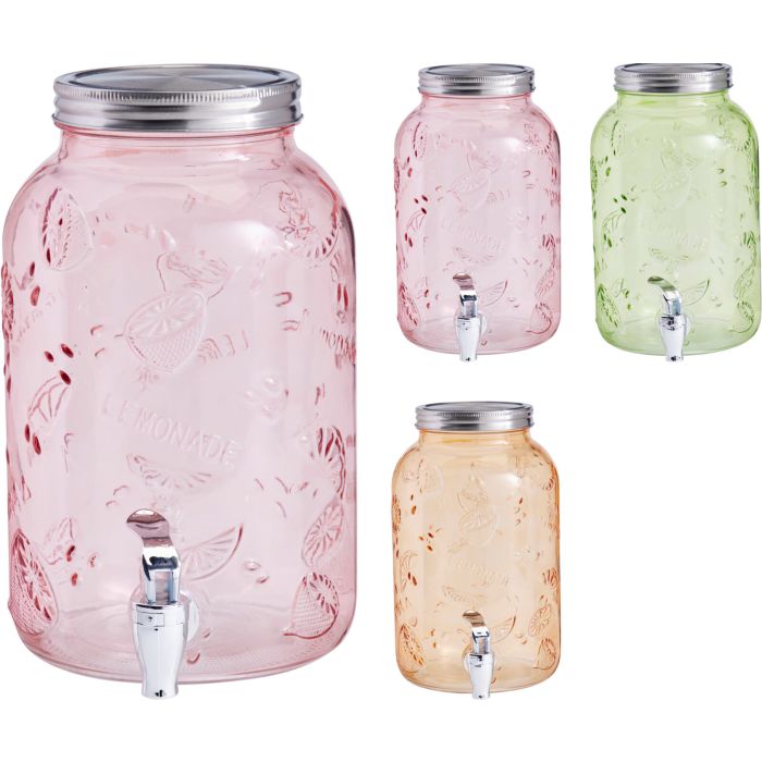 Drikkedunk i glass med fruktmønster og kran, 3,8 liter
