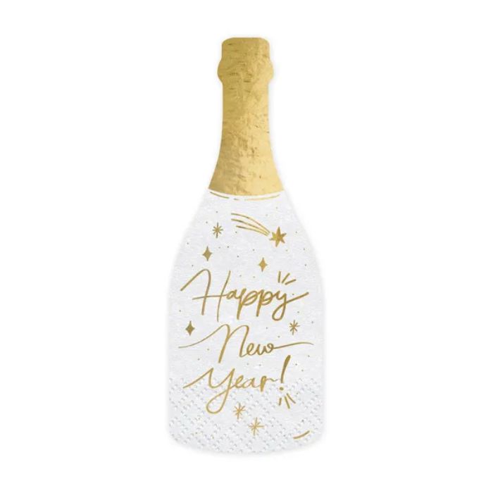 Champagneflaske servietter kvite med gulldetaljar nyttår 20x - 7x19 cm