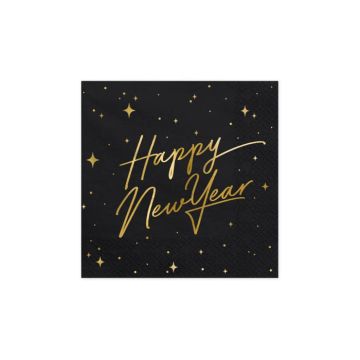 Nyttårsserviettar happy new year svart 20x - 33x33 cm