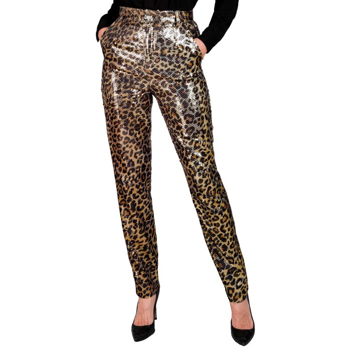 Paillettbukser til dame med leopardprint i gull