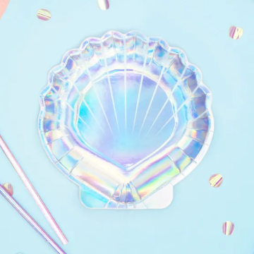 Holografisk muslingforma paptallerken 6x - 18,5 cm