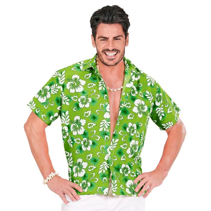 Grøn hawaii-skjorte med kvite blomster