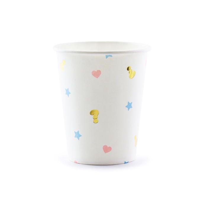 Kvite gender reveal pappkoppar med motiv 6x - 200 ml
