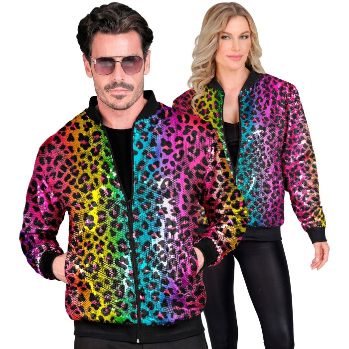 Paljettbomberjakke med leopardprint i regnbue