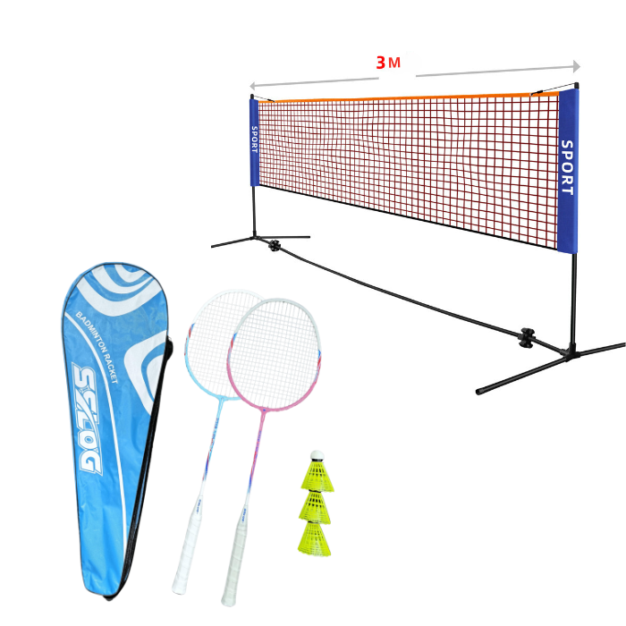 Badmintonsett m. nett, 2 racketer og 3 baller