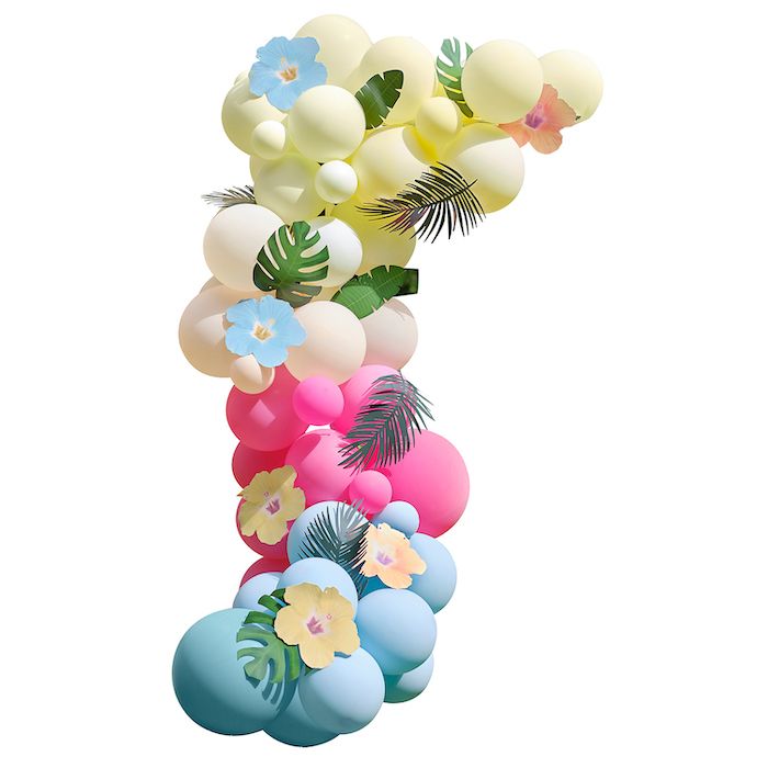 Fargerik Hawaii Ballonbue inkl. Ballongar, Blomstrar og Palmeblad 85 delar