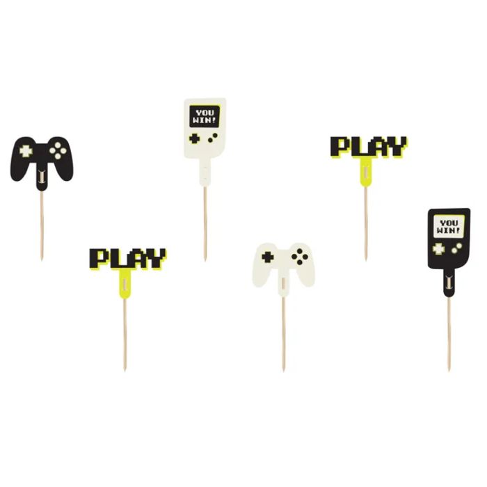 Cupcake dekorasjonspinnar med gamer motiv 6x - 6-10,5 cm