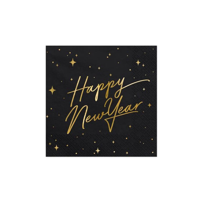 Nyttårsserviettar happy new year svart 20x - 33x33 cm