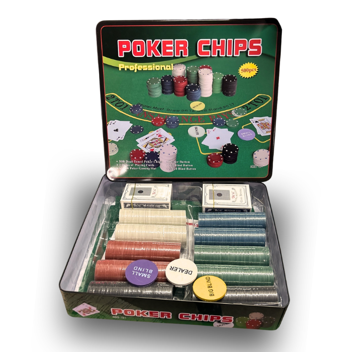 Pokersett m. 500 chips, pokerduk, mm.