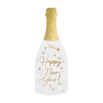 Champagneflaske servietter hvite med gull detaljer nyttår 20x - 7x19 cm