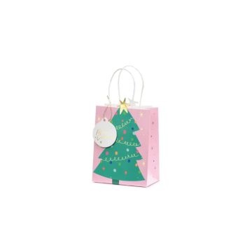 Julegavepose med juletre lys rosa 14x20,5x8 cm