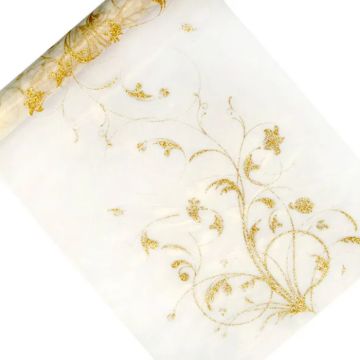 Organza bordløper kremfarget med gullmønster 0,36x9 m