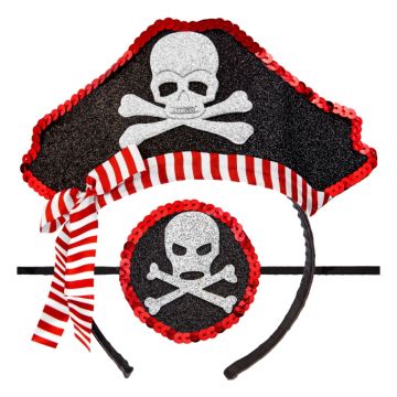 Hårbøyle og piratkappe for øyet med glitrende materiale