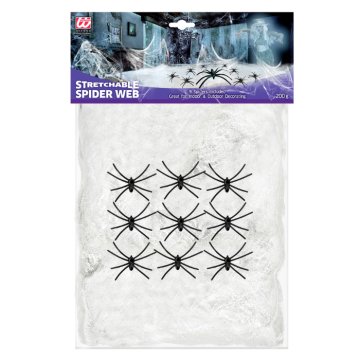 Hvitt spindelvev med 9 edderkopper 200g