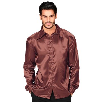 Satin diskoskjorte i brun for herrer