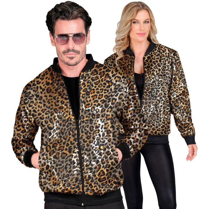 Paljettbomberjakke med leopardprint i gull