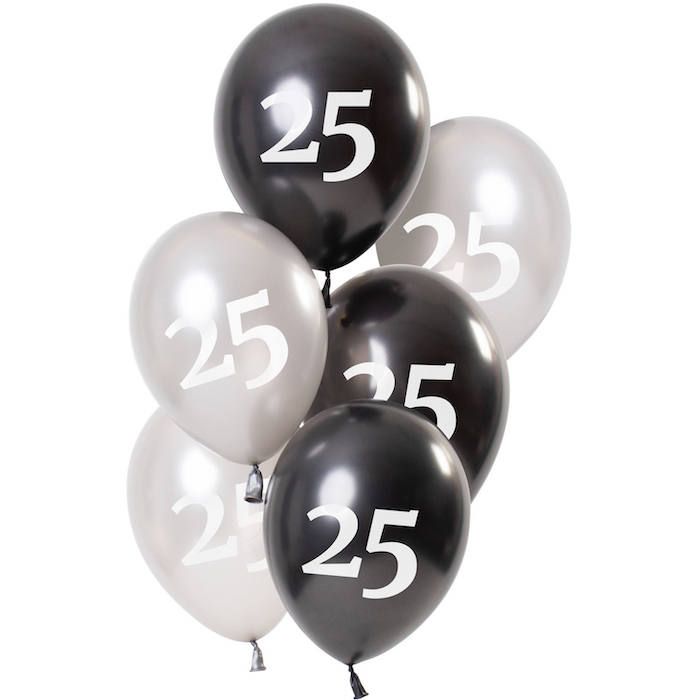 25 Års Ballonger Metallisk Svart Og Sølv 6x - 23 cm