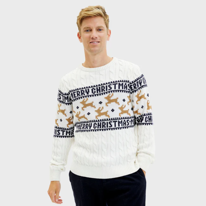Julesweater Merry Christmas kvit 100% økologisk bomull