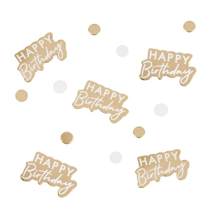 Happy Birthday-konfetti i gull og kvitt - 13 g