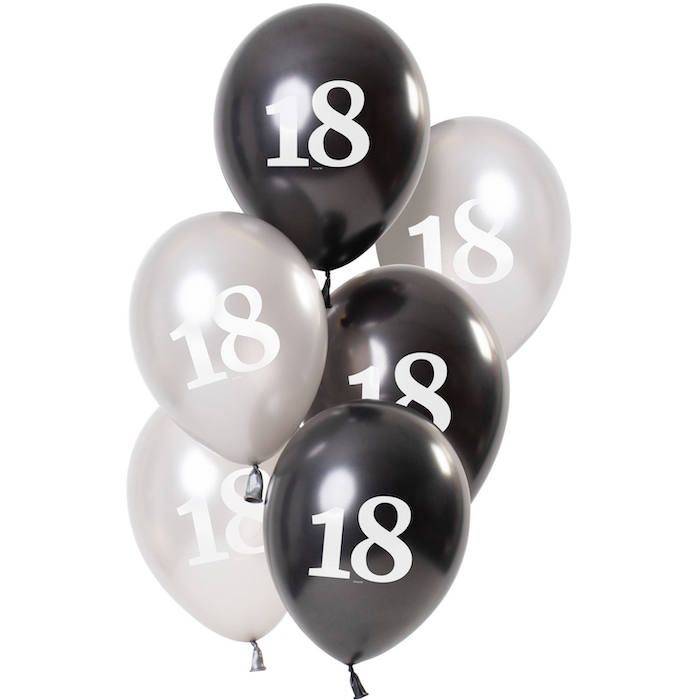 18 Års Ballonger Metallic Svart Og Sølv 6x - 23 cm