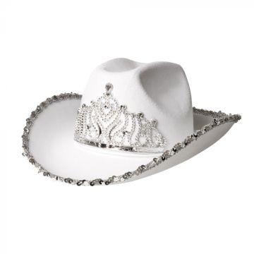 Kvit glitrande cowboyhatt med glitrande tiara 